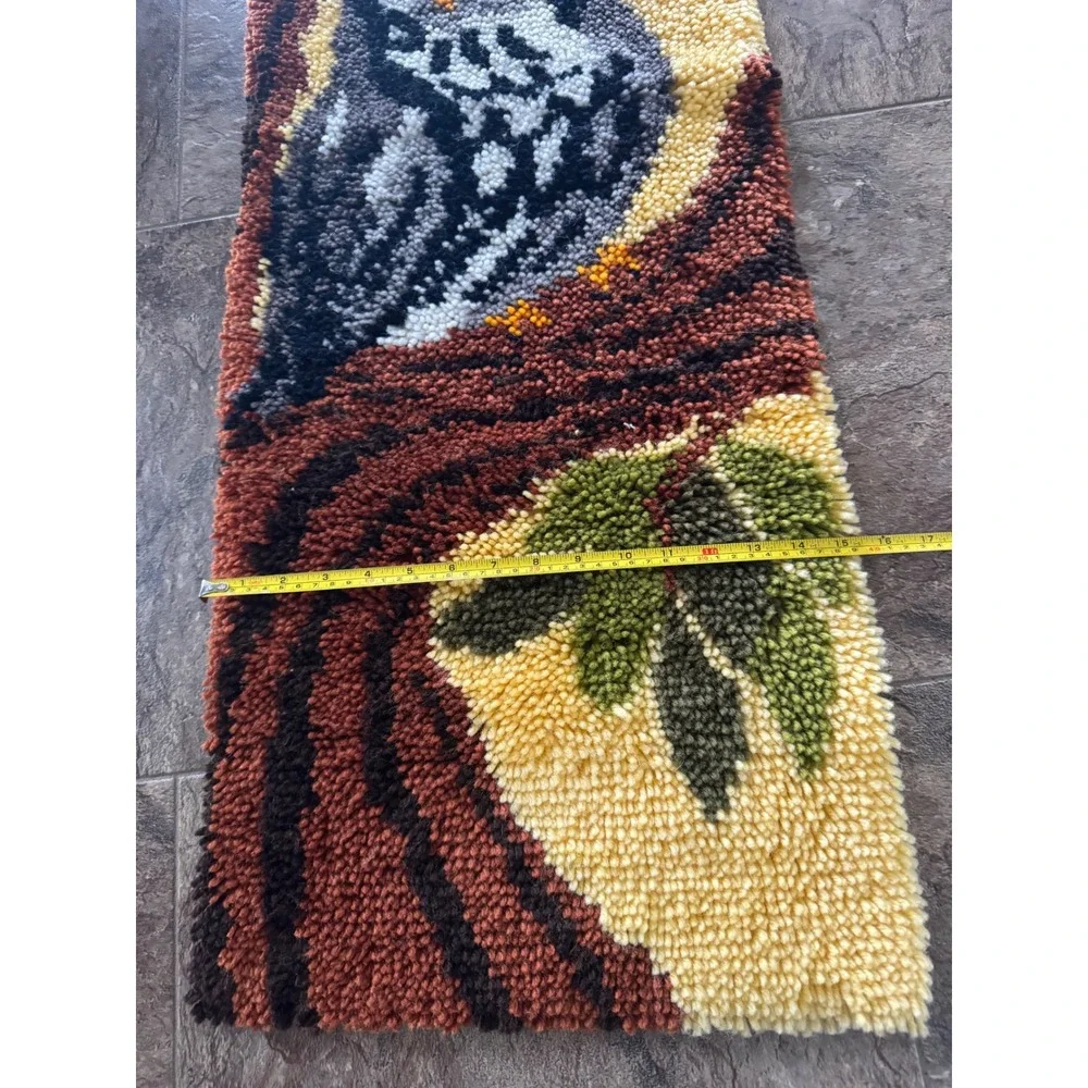 Vintage MCM 70s Owl Latch Hook Rug Wall Hanging 15x46 Handmade Retro Cabin Decor